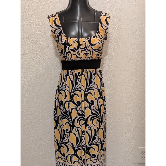 Cato Black Yellow Abstract Print Pleated Bodice A-Line Dress M Lightweight - Picture 1 of 11